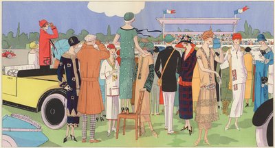 La mode féminine aux courses des créateurs Jeanne Lanvin, Jean Patou, Premet, Georges Doeuillet (litho couleur) - French School