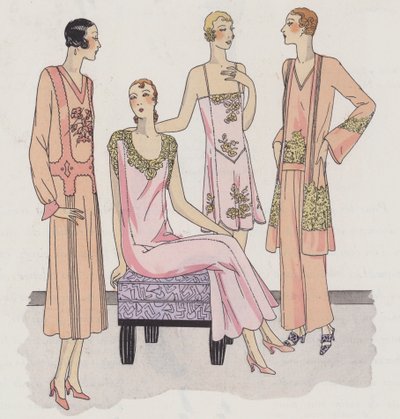Dessin de lingerie féminine des années 1930 par les créateurs Redfern et Rouff (lithographie couleur) - French School