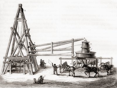 Travailleurs utilisant le carrousel et le treuil pour forer les puits artésiens à Grenelle, France au 19ème siècle, de 