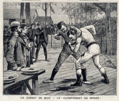 Championnat du monde : combat de boxe entre Jim Corbett et Bob Fitzsimmons à Carson, Nevada, États-Unis : Dans "Le Petit Parisien" du 11/04/1897. Collection privée - French School