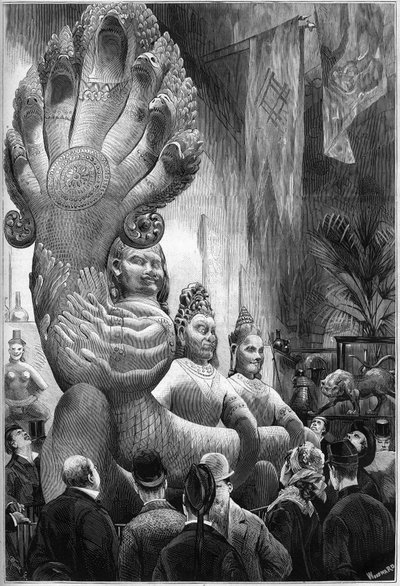 Exposition universelle de 1878 à Paris : statues des Géants cambodgiens et du Serpent polycéphale, rapportées du Cambodge par la mission Delaporte, exposées dans la galerie rétrospective du Trocadéro. Gravure dans "Le Monde Illustré" n°1127 du 1er novembre - French School