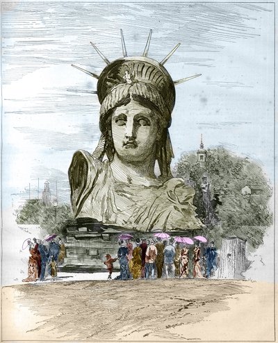 Exposition universelle de 1878 à Paris : la tête de la Statue de la Liberté par Frédéric Auguste Bartholdi (1834-1904). Gravure par Edgard Morin dans "Le Monde Illustré" n°1111 du 13 juillet 1878 - French School