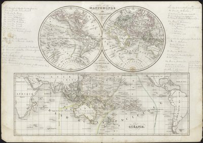 Carte du monde en deux hémisphères - French School