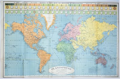 Carte du monde des différents fuseaux horaires, publiée par Blondel La Rougery à Paris vers 1920 - French School