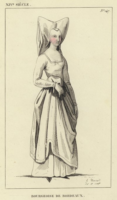 XIVe siècle, Bourgeoise de Bordeaux (gravure en couleur) - French School