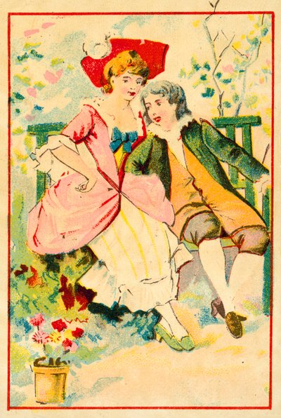 Jeune couple sur un banc dans un jardin - French School