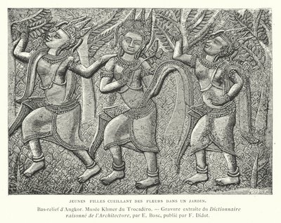 Jeunes filles cueillant des fleurs dans un jardin, bas-relief d