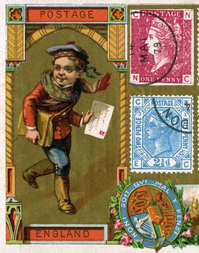 Jeune facteur avec son sac de lettres livrant une lettre en Angleterre victorienne, fin du XIXe siècle - French School