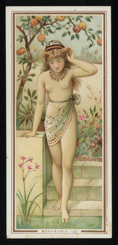 Jeune femme dans un jardin, carte de vœux - French School
