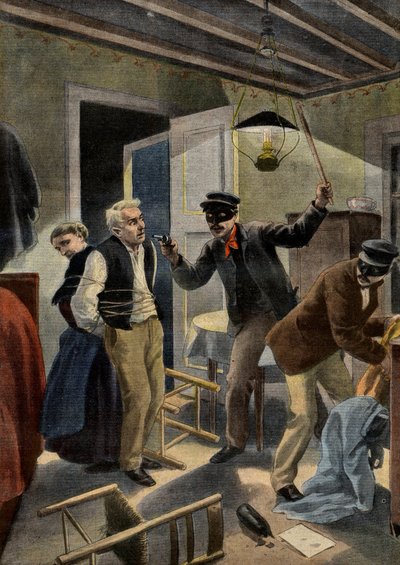Banditisme - Un couple âgé volé par des intrus masqués chez eux dans le Gers, France. Illustration pour Le Petit Journal, 26 janvier 1902. - French School