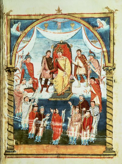 ds Lat 1 fol.423r Le Roi Charles II recevant une Bible du Comte Vivian et des Moines de Saint-Martin de Tours, de la Première Bible de Charles le Chauve, vers 843-51 - French School