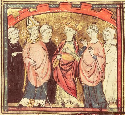 Dagobert I (605-39), roi des Francs recevant le Royaume de France, des Grandes Chroniques de France, 1375-79 - French School