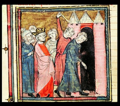 Charles Martel surveille la punition et le bannissement de deux hommes, des Grandes Chroniques de France, 1375-79 - French School