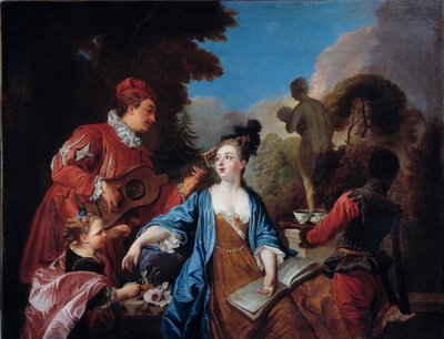 Dégustation dans un parc. Jeunes gens de la noblesse se faisant servir le thé dans le jardin par un jeune serviteur noir. Peinture de l