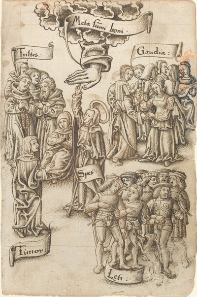 Espoir, atteignant le ciel, se tient parmi des hommes tristes et heureux, des joies et des peurs [fol. 19 recto] - French early 16th Century
