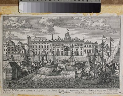 Plan de Gênes représentant le Pont Royal, le Nouveau Pont de Mercanzia et le Palais de Saint-Georges vu de la mer, c.1750 (gravure) - Friedrich Bernhard Werner