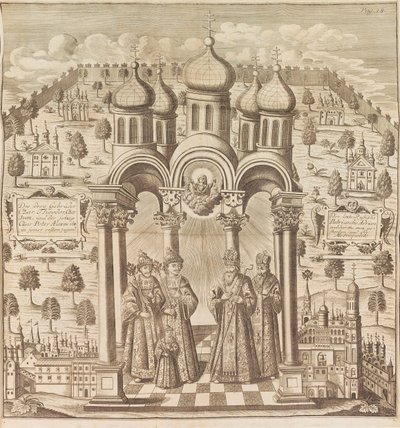 Feodor III, Pierre I, Ivan V et Patriarche Adrien I. De Das veraenderte Russland..., 1721 - Friedrich Christian Weber