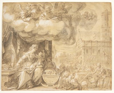La sainte famille. F.o. anges chantants. En arrière-plan l