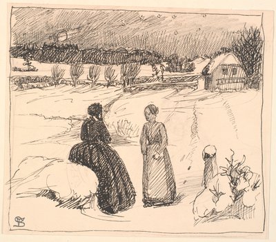 Là dehors dans la neige, une femme en longues robes noires... - Fritz Syberg