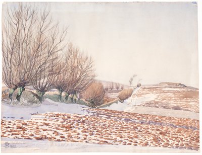 Paysage avec des saules et un champ labouré sous la neige - Fritz Syberg