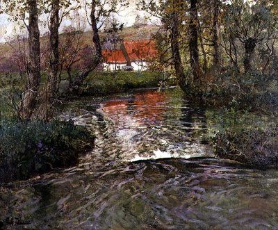 Bâtiment au bord de la rivière - Fritz Thaulow