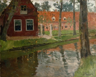 De Vollendam, maison rouge, eau - Fritz Thaulow