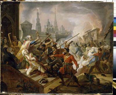 Guerre des paysans russes de 1773-1775 : la bataille de Kazan en juillet 1774, scène de la révolte de Emelian Ivanovitch Pougatchev - Fyodor Antonovich Molier