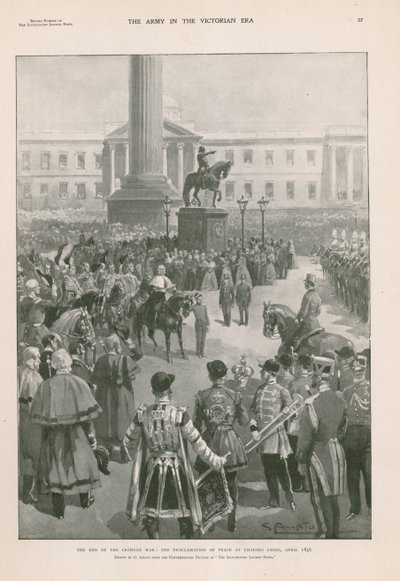 La fin de la guerre de Crimée : proclamation de la paix à Charing Cross, Londres, avril 1856 (photogravure) - G.S. (after) Amato
