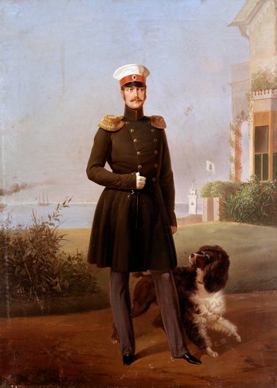 Portrait en pied du tsar russe Nicolas Ier (1796-1855) à Peterhof. Peinture de Georg Botmann (XIXe siècle). XIXe siècle. Saint-Pétersbourg. Château de Peterhof - G. Botmann