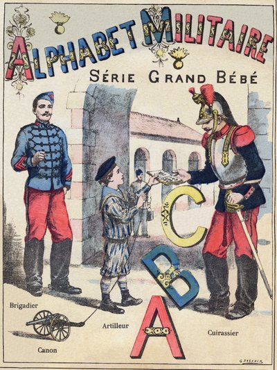 Couverture de "Alphabet militaire", série Grand-Bébé. Gravure. Imagerie de Pont-à-Mousson. Louis Vagne, Imprimeur-Éditeur, vers 1900. Illustrations de G. Dascher. 20 pages. Dim : 31,5x24,5cm - G. Dascher