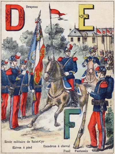 Lettres D E F : Drapeau, École militaire de Saint-Cyr (Saint Cyr), Élèves à pied, Escadron à cheval, Fusil et Fantassin, vers 1900 - G. Dascher
