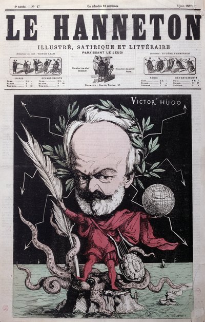 Caricature de Victor Hugo (1802-85) en Zeus en exil à Guernesey, couverture de Le Hanneton, juin 1867 - G. Deloyoti