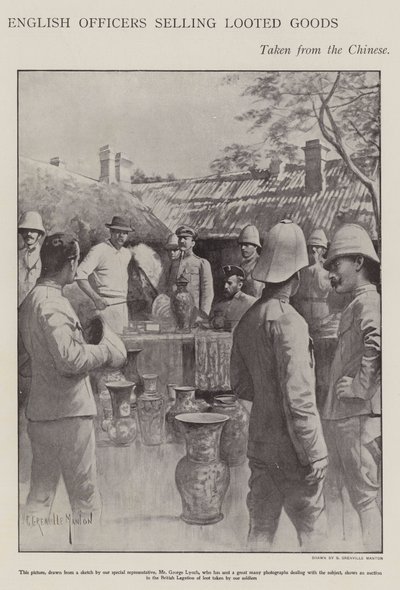 Officiers anglais vendant des biens pillés pris aux Chinois pendant la rébellion des Boxers - G. Grenville Manton