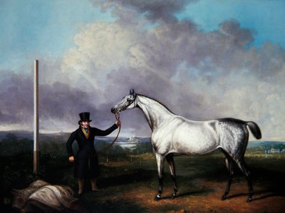 Gentleman tenant un cheval de course gris sur un parcours - G. Jackson