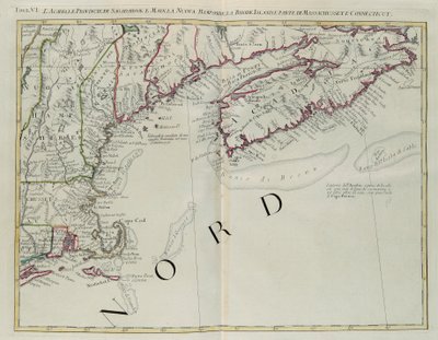 Acadie, les Provinces de Sagadahoc et du Maine, New Hampshire, Rhode Island et partie du Massachusetts et du Connecticut, gravure de G. Zuliani tirée du Tome I du "Nouvel Atlas" publié à Venise en 1778 par Antonio Zatta, Collection Privée - G. Zuliani