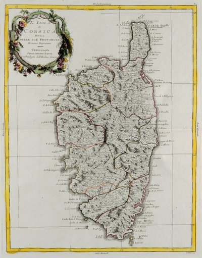Île de Corse divisée en ses provinces, gravure de G. Zuliani tirée du Tome II du "Nouvel Atlas" publié à Venise en 1782 par Antonio Zatta, Collection Privée - G. Zuliani