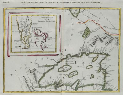 Terre des Indiens Ottawa et Kilistine autour du lac Supérieur et un supplément de la Floride orientale, gravure de G. Zuliani tirée du Tome I du "Nouvel Atlas" publié à Venise en 1778 par Antonio Zatta, Collection privée - G. Zuliani