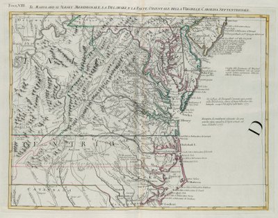 Maryland, sud du New Jersey, Delaware et partie orientale de la Virginie et de la Caroline du Nord, gravure de G. Zuliani tirée du Tome I du "Nouvel Atlas" publié à Venise en 1778 par Antonio Zatta, Collection privée - G. Zuliani