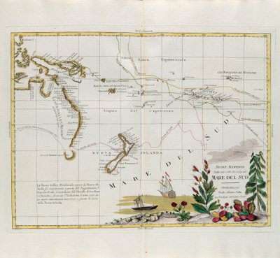 Nouvelles découvertes faites en 1775, 67 et 69 dans les mers du Sud, gravure par G. Zuliani tirée du Tome I du Nouvel Atlas publié à Venise en 1776 par Antonio Zatta, Collection Privée - G. Zuliani