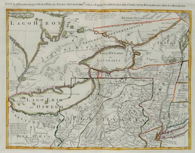Pennsylvanie, New York, sud du New Jersey, avec la partie occidentale du Connecticut, de la baie du Massachusetts et Terre des Iroquois, gravure de G. Zuliani tirée du Tome I du "Nouvel Atlas" publié à Venise en 1778 par Antonio Zatta, Collection Privée - G. Zuliani