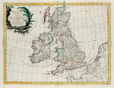Les Îles Britanniques où se trouvent Albion ou Grande-Bretagne et Ivernia ou Petite-Bretagne, gravure de G. Zuliani tirée du Tome I du Nouvel Atlas publié à Venise en 1785 par Antonio Zatta - G. Zuliani