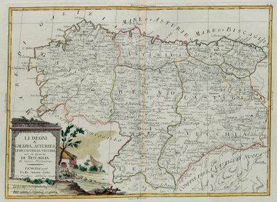Les Royaumes de Galice, Asturies, Léon, Castilla Vieja avec le Conseil de Biscallia, gravure par G. Zuliani tirée du Tome I du Nouvel Atlas publié à Venise en 1776 par Antonio Zatta, Collection Privée - G. Zuliani