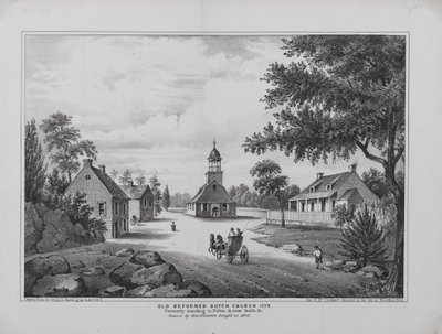 Vieille église réformée hollandaise en 1776, dessinée par Miss Elizabeth Sleight en 1808, imprimée pour le Manuel de la ville de Brooklyn de H. McCloskey, 1864 - G. after Hayward