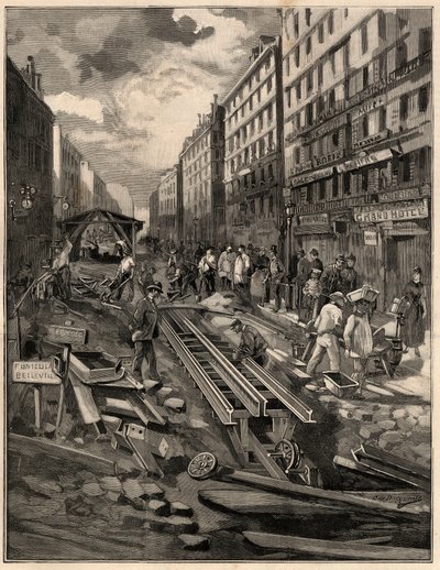 Le funiculaire de Belleville, pose de la voie, rue de Belleville en 1894. Gravure d