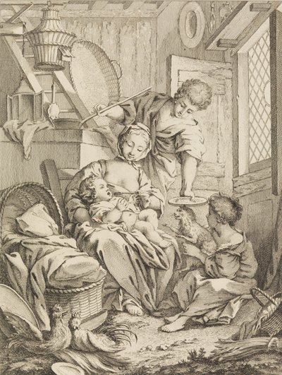 Planche 1 : Jeune femme nourrissant son nourrisson, du Premier Livre de Sujets et Pastorales - Gabriel Huquier