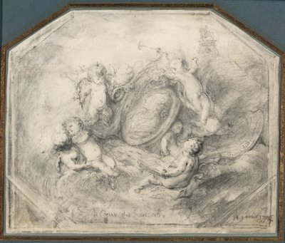 Médaillon portrait du roi Louis XV entouré de putti portant les attributs de la renommée et de l