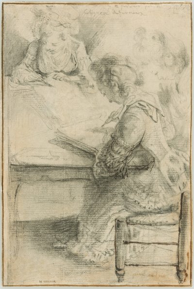 Trois jeunes femmes dessinant à une table - Gabriel Jacques de Saint Aubin