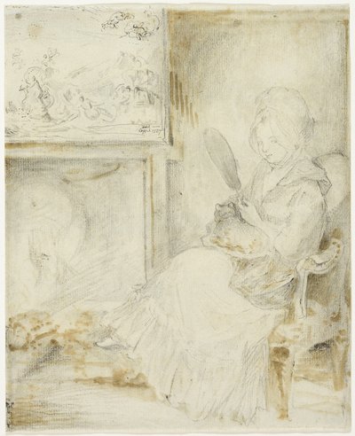 Femme assise tenant un chat sur ses genoux - Gabriel Jacques de Saint Aubin