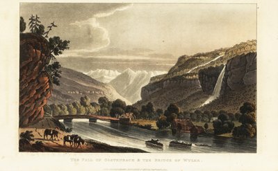 Vue des glaciers, des Alpes, de la cascade et du pont sur le Gadmerwasser à Wiler, Alpes bernoises, Suisse - Gabriel Ludwig (after) Lory