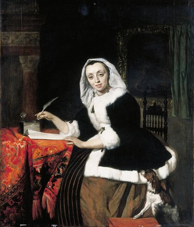 Une dame élégante écrivant à son bureau, avec un chien à ses côtés - Gabriel Metsu